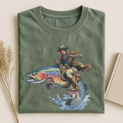 Cowboy Riding Rainbow Trout Rodeo Graphic T-Shirt