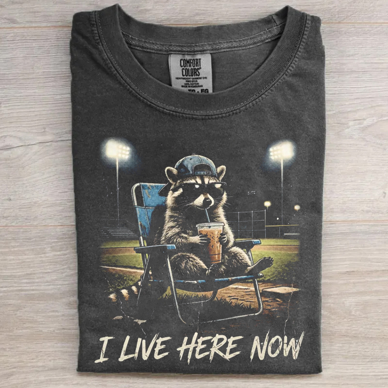 Raccoon I live Here Now Baseball Ballfield Dark T-Shirt