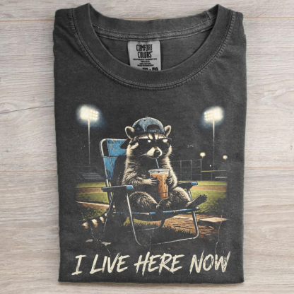 Raccoon I live Here Now Baseball Ballfield Dark T-Shirt