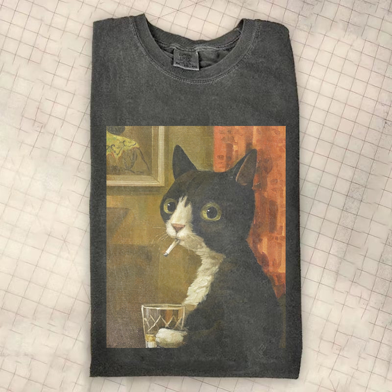 Retro Style Funny Smoking Cat T-Shirt