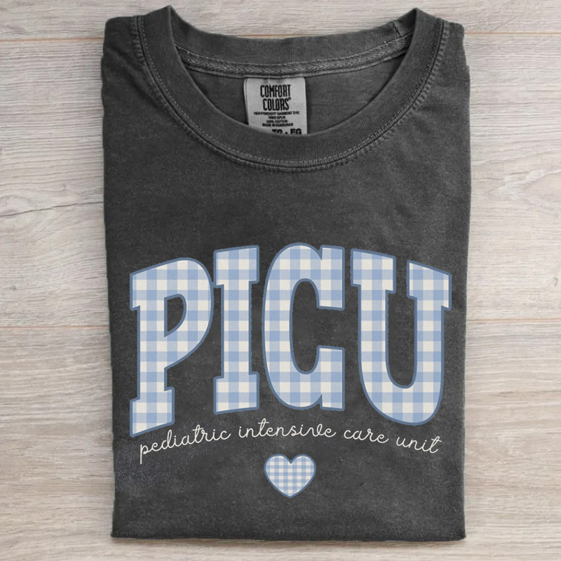  Pediatric ICU Nurse Blue Gingham Heart Work T-Shirt