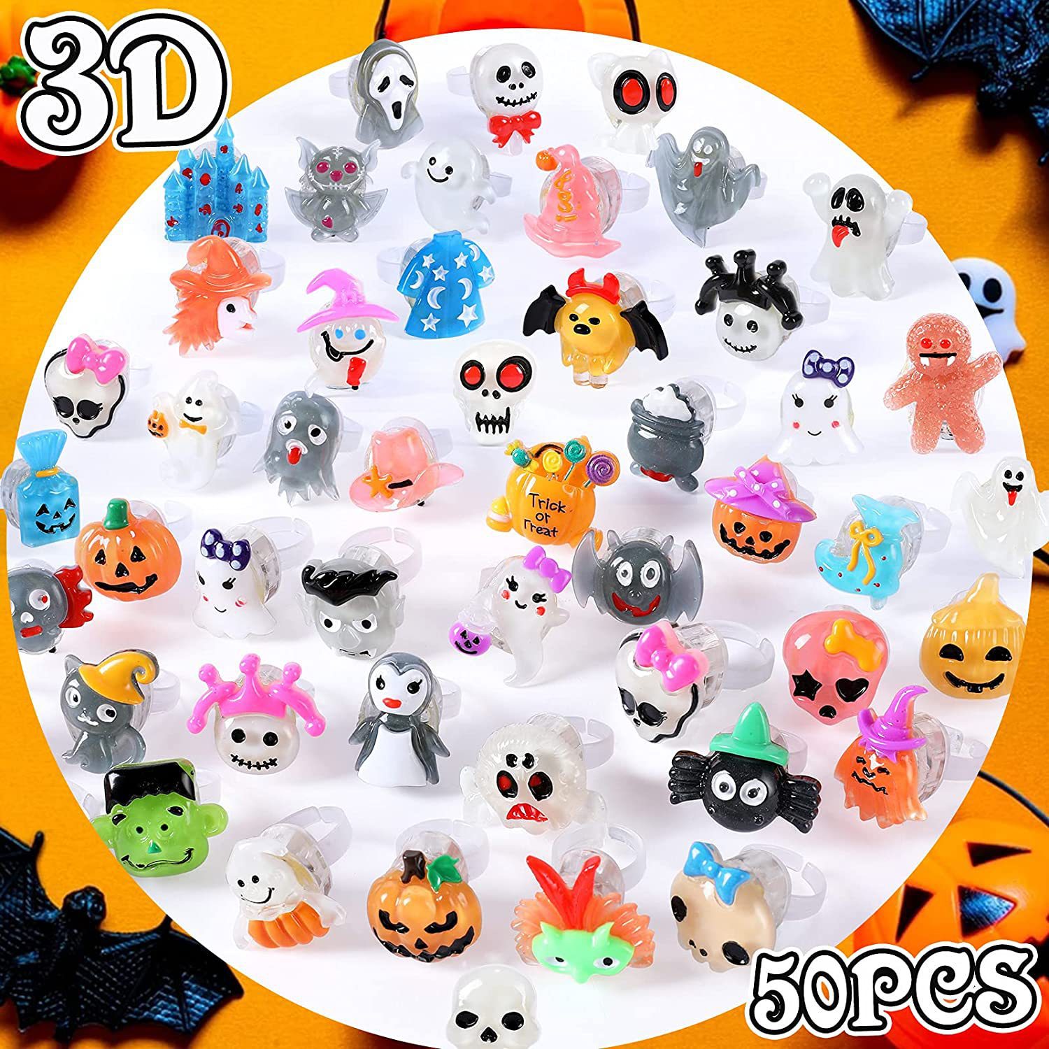 50Pcs LED Halloween Ring,Halloween Ring,Glowing Pumpkin Skull Ring Gift,Halloween Christmas Party Decoration Home Horror Props Supplies,Perfect for Halloween