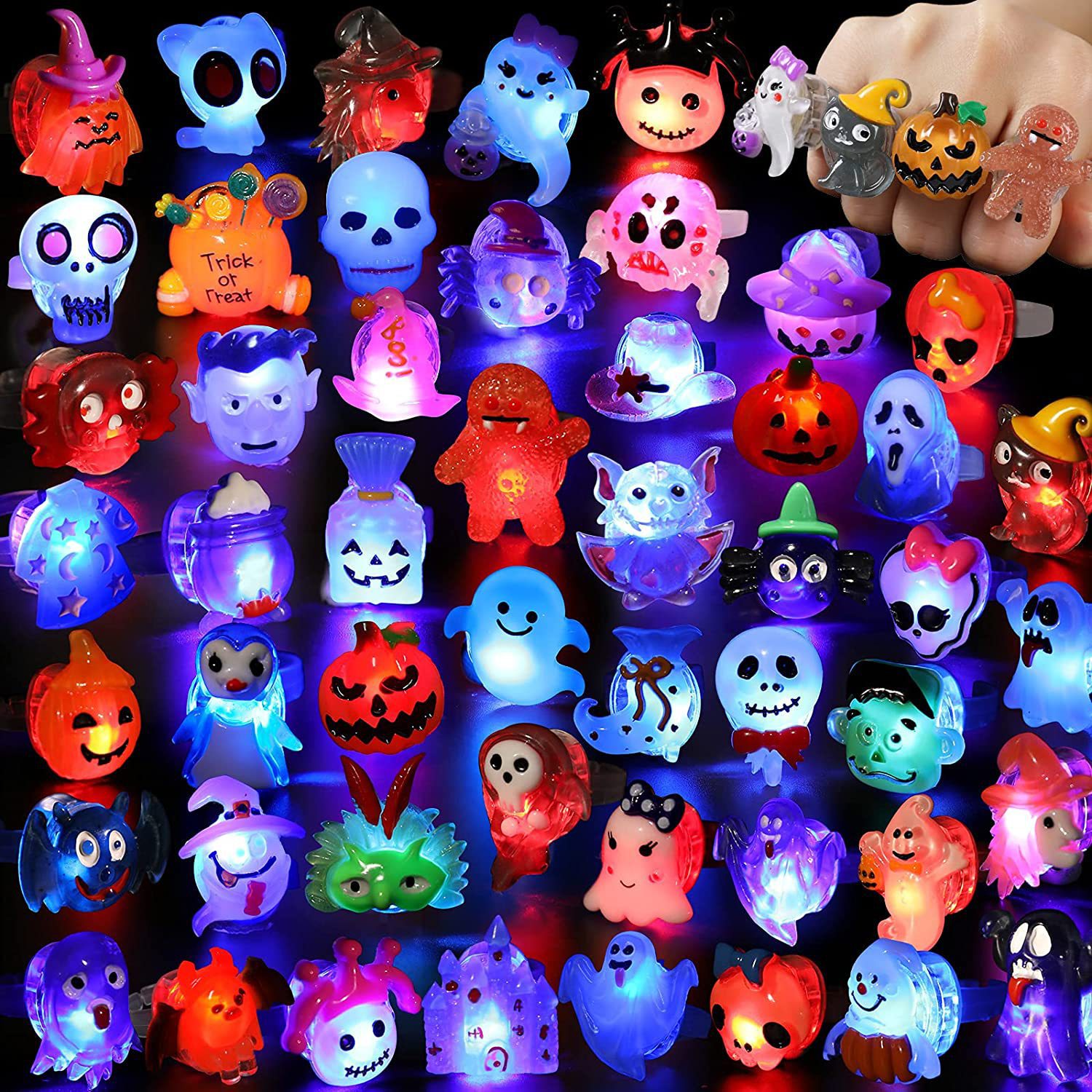 50Pcs LED Halloween Ring,Halloween Ring,Glowing Pumpkin Skull Ring Gift,Halloween Christmas Party Decoration Home Horror Props Supplies,Perfect for Halloween