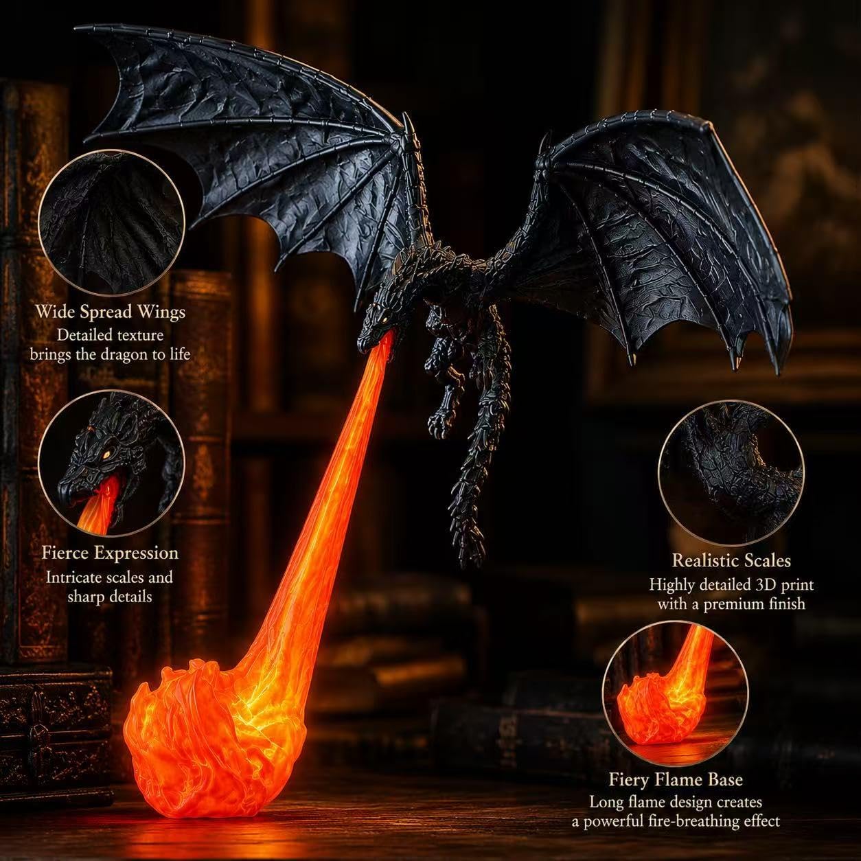 Fire-Breathing Dragon LED Lamp – Glowing Flame Effect Fantasy Dragon Night Light & Desk Decor