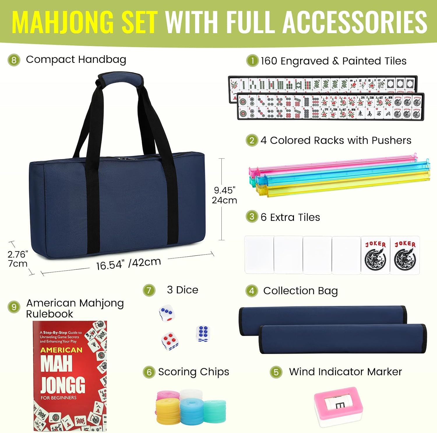American Mahjong Tile Set,166 White Tiles Mahjong Set,4 Colors Mahjong Racks,Travel Mahjong Set with Red Carrying Bag