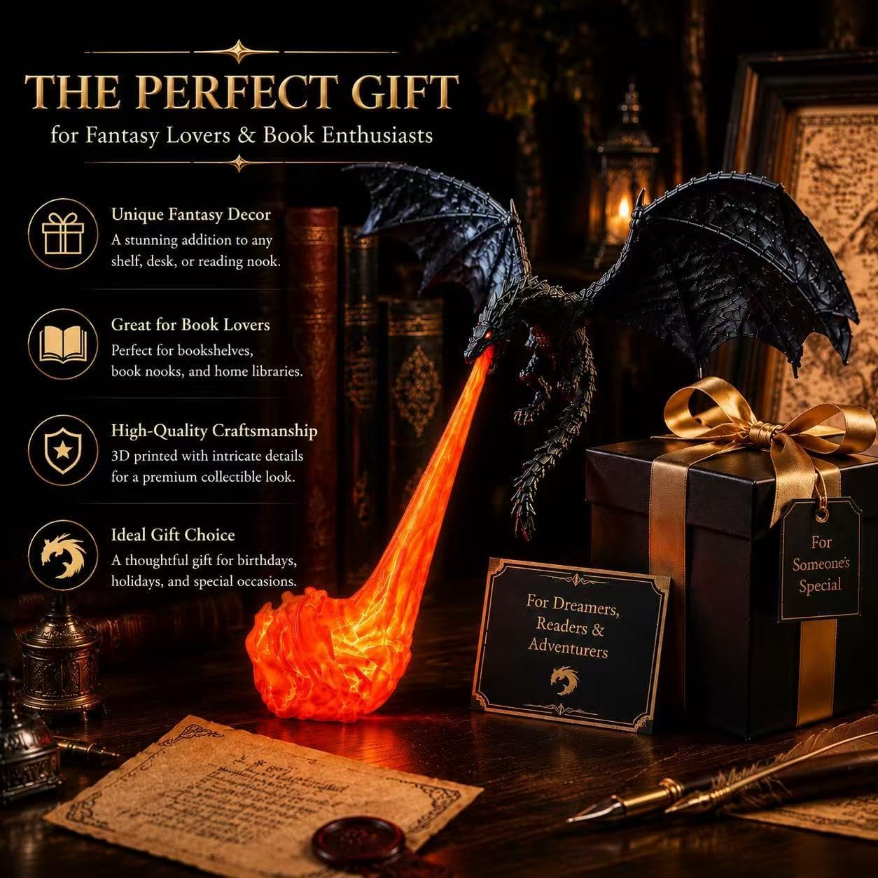 Fire-Breathing Dragon LED Lamp – Glowing Flame Effect Fantasy Dragon Night Light & Desk Decor
