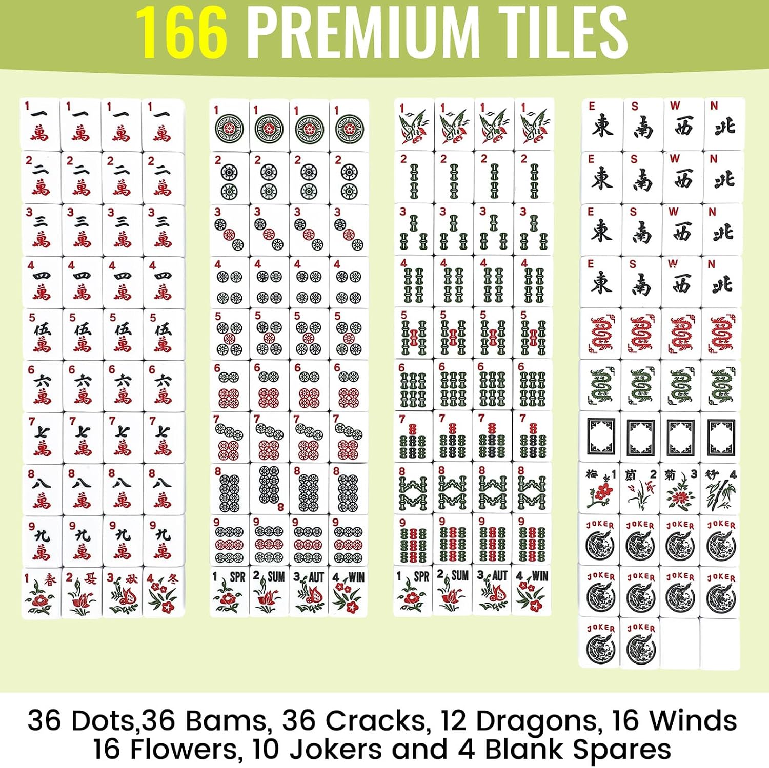 American Mahjong Tile Set,166 White Tiles Mahjong Set,4 Colors Mahjong Racks,Travel Mahjong Set with Red Carrying Bag