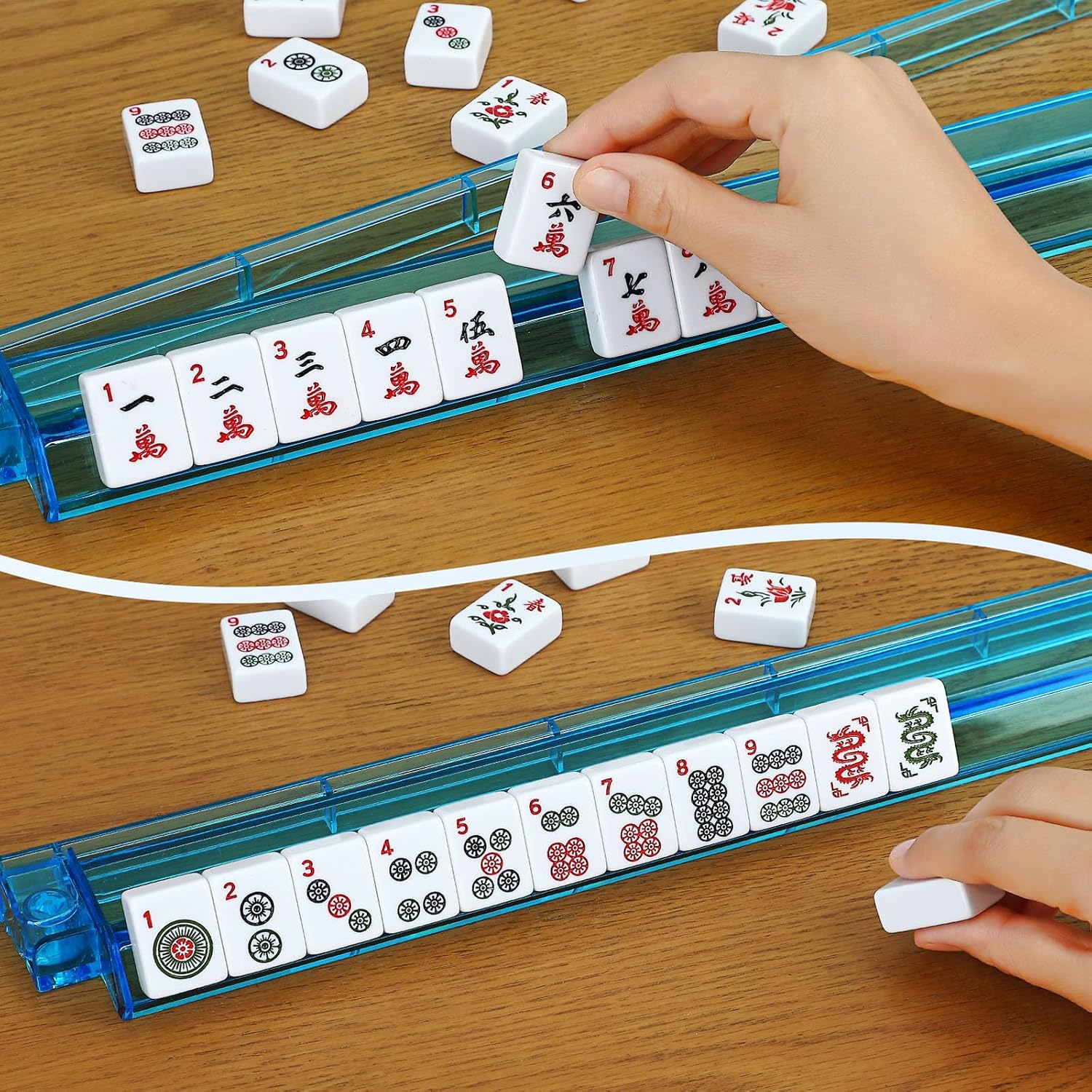American Mahjong Tile Set,166 White Tiles Mahjong Set,4 Colors Mahjong Racks,Travel Mahjong Set with Red Carrying Bag