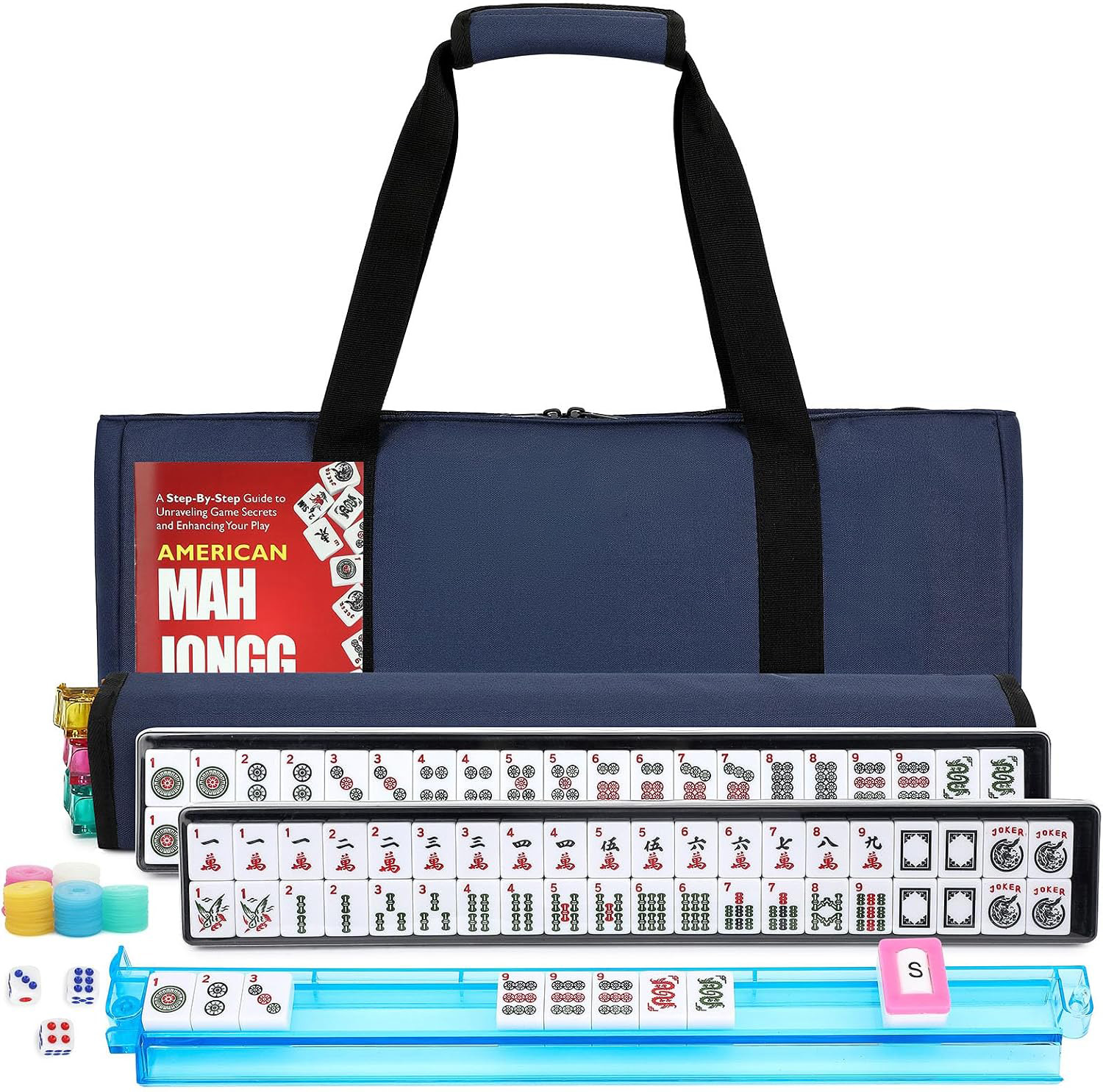 American Mahjong Tile Set,166 White Tiles Mahjong Set,4 Colors Mahjong Racks,Travel Mahjong Set with Red Carrying Bag