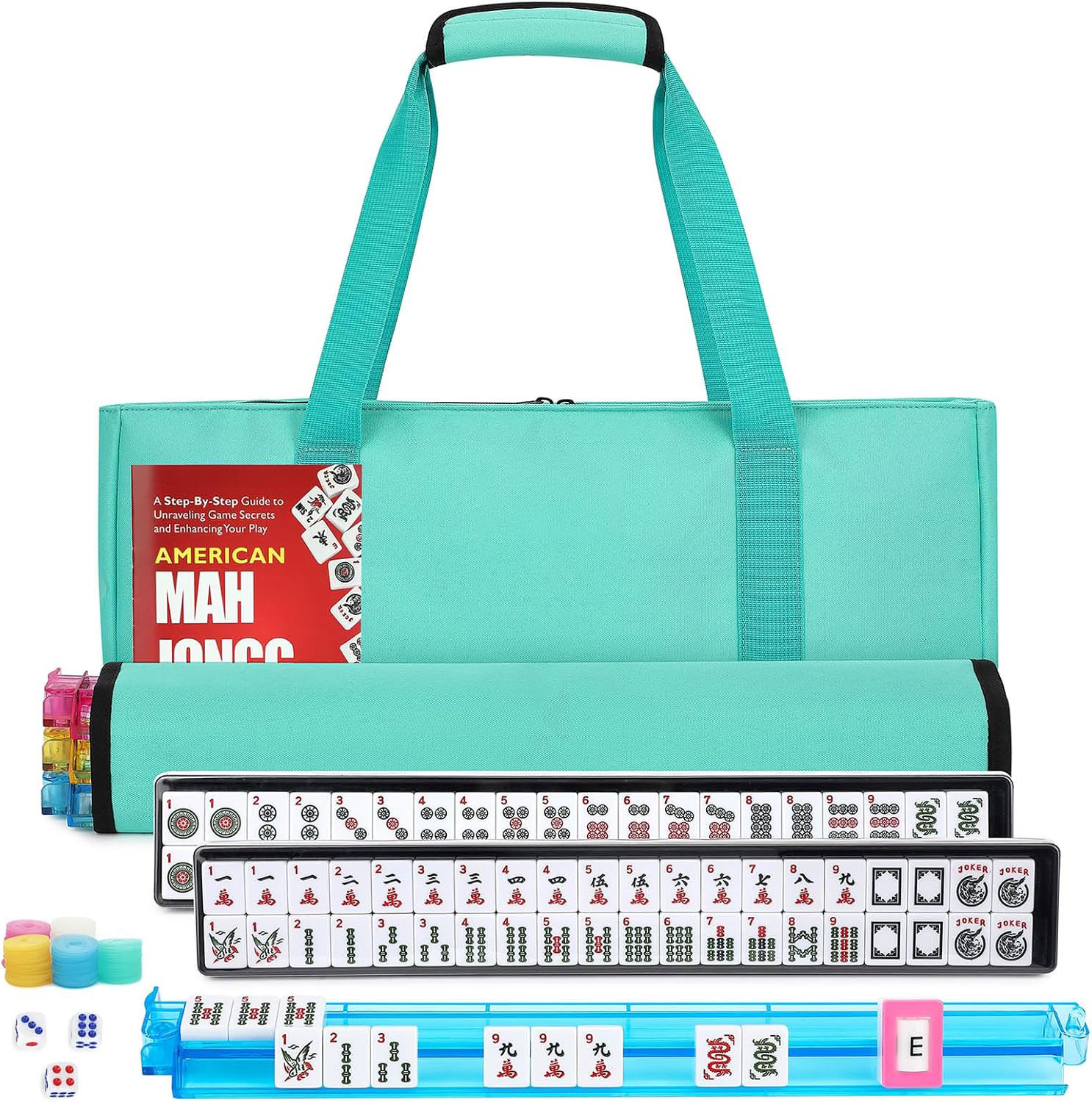 American Mahjong Tile Set,166 White Tiles Mahjong Set,4 Colors Mahjong Racks,Travel Mahjong Set with Red Carrying Bag