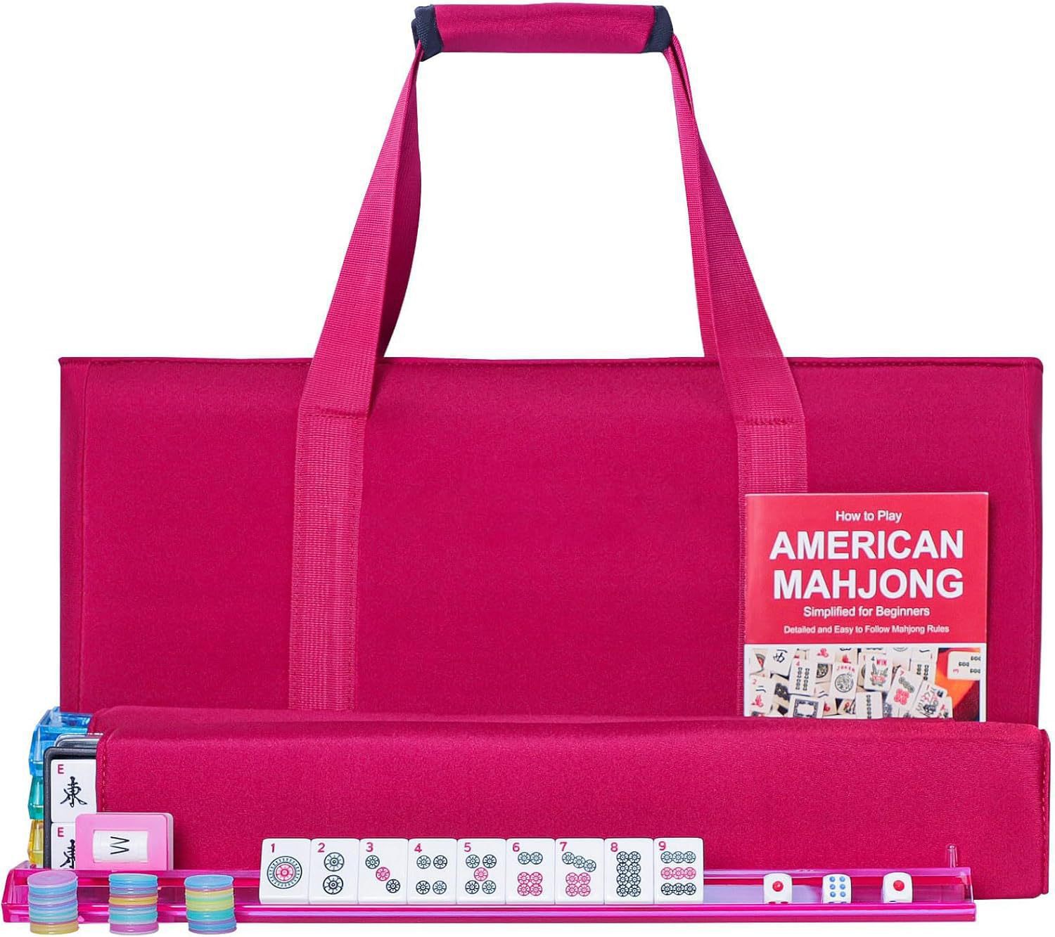 American Mahjong Tile Set,166 White Tiles Mahjong Set,4 Colors Mahjong Racks,Travel Mahjong Set with Red Carrying Bag