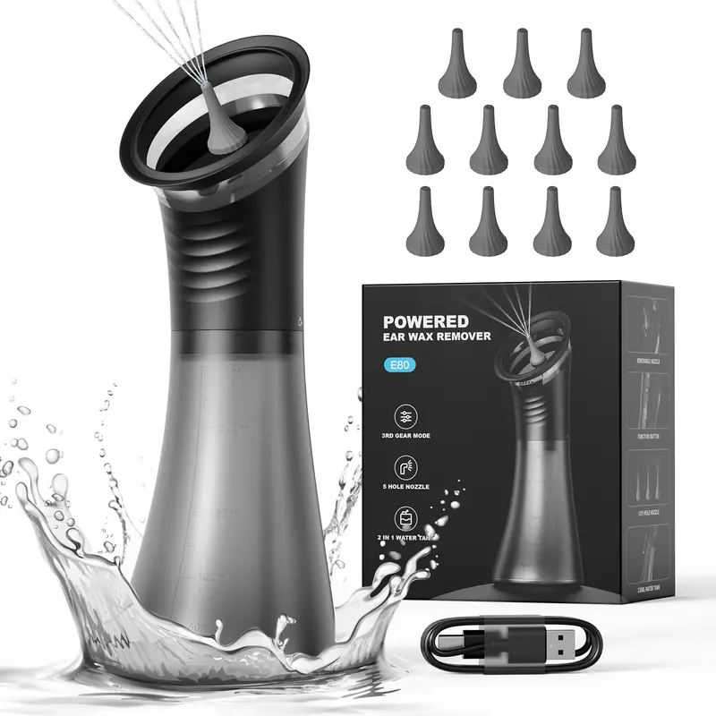 BlackFriday  E80 Upgraded 2-in-1 Ear Wax Removal Kit with Built-in Waste Tank, Rechargeable Water Spray, 4 Pressure Settings - Safe & Effective Ear Canal Irrigation System for Earwax Removal