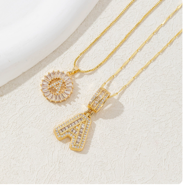 2 Pack Initial Letter Pendant Necklaces with Zircon Stones for Women
