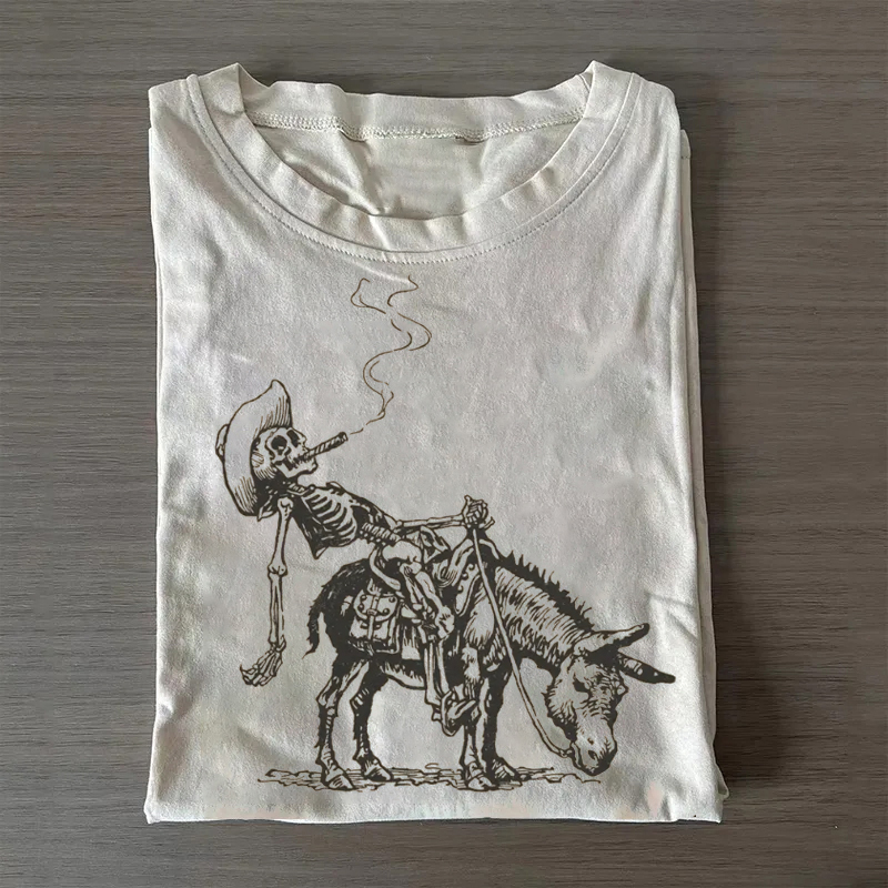 Smoking Skeleton Cowboy On Donkey Shirt