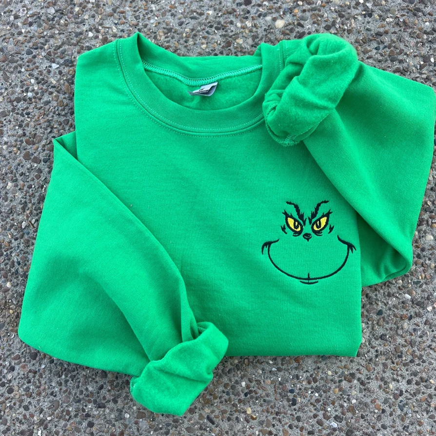 Embroidered Grinch Face Crewneck Holiday Sweatshirt
