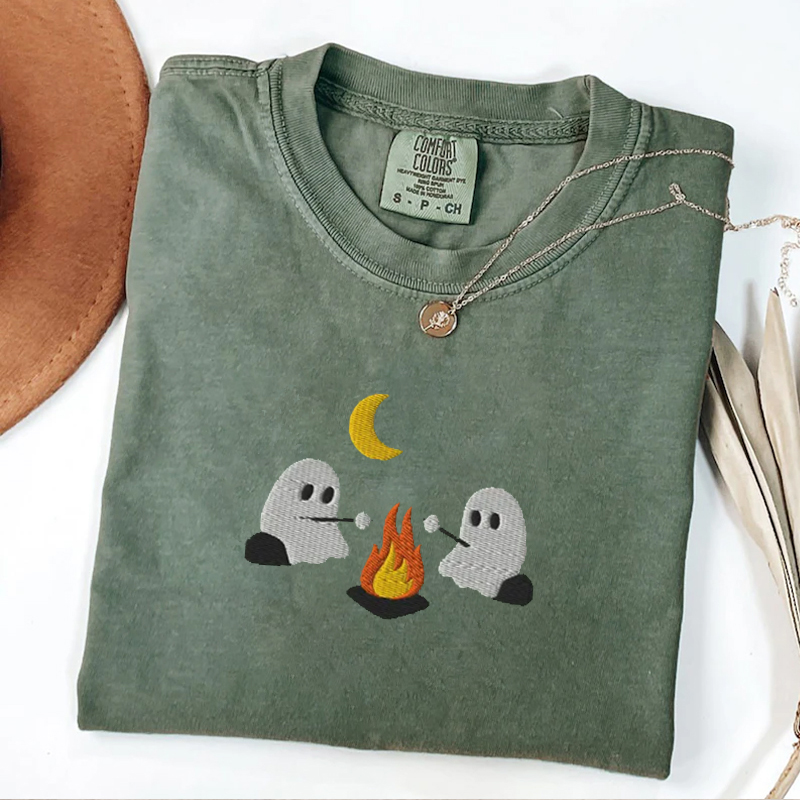Cute Ghosts Camping Embroidered T-shirt