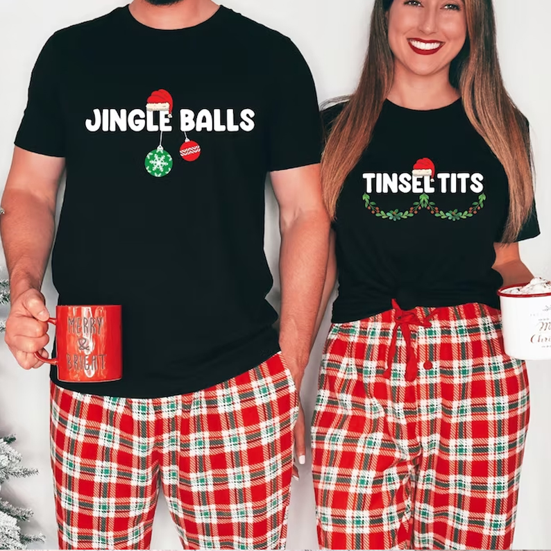 Jingle Bells Tinsel Tits Couple Matching T-Shirt