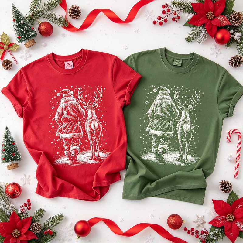 Santa And Reindeer Walking In Snow Christmas Shirts