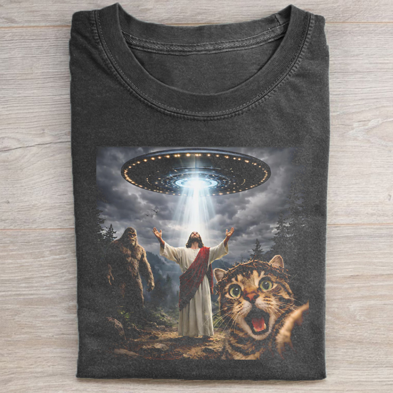 Funny Cat Selfie With Bigfoot UFO and Jesus T-shirt