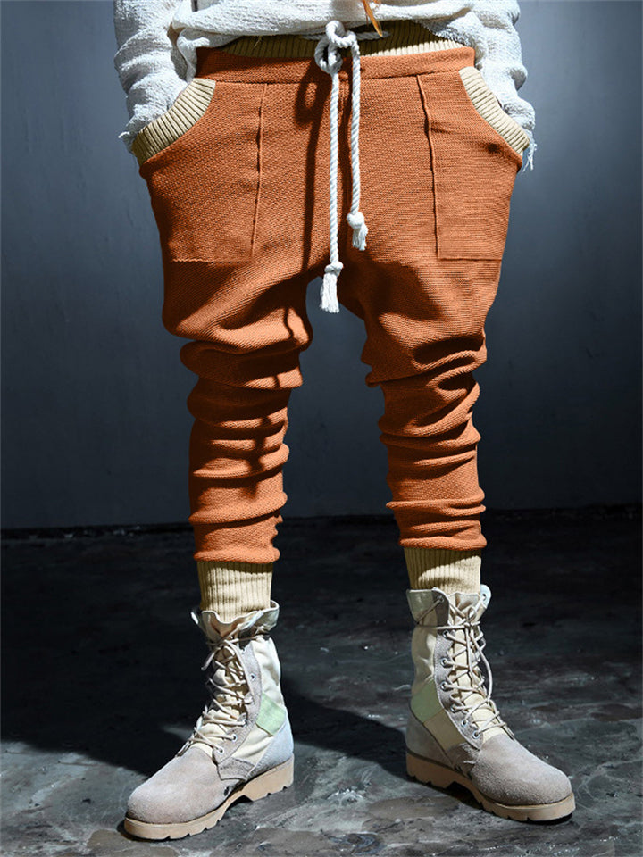 Stylish Contrast Color Drawstring Knitted Casual Pants for Men