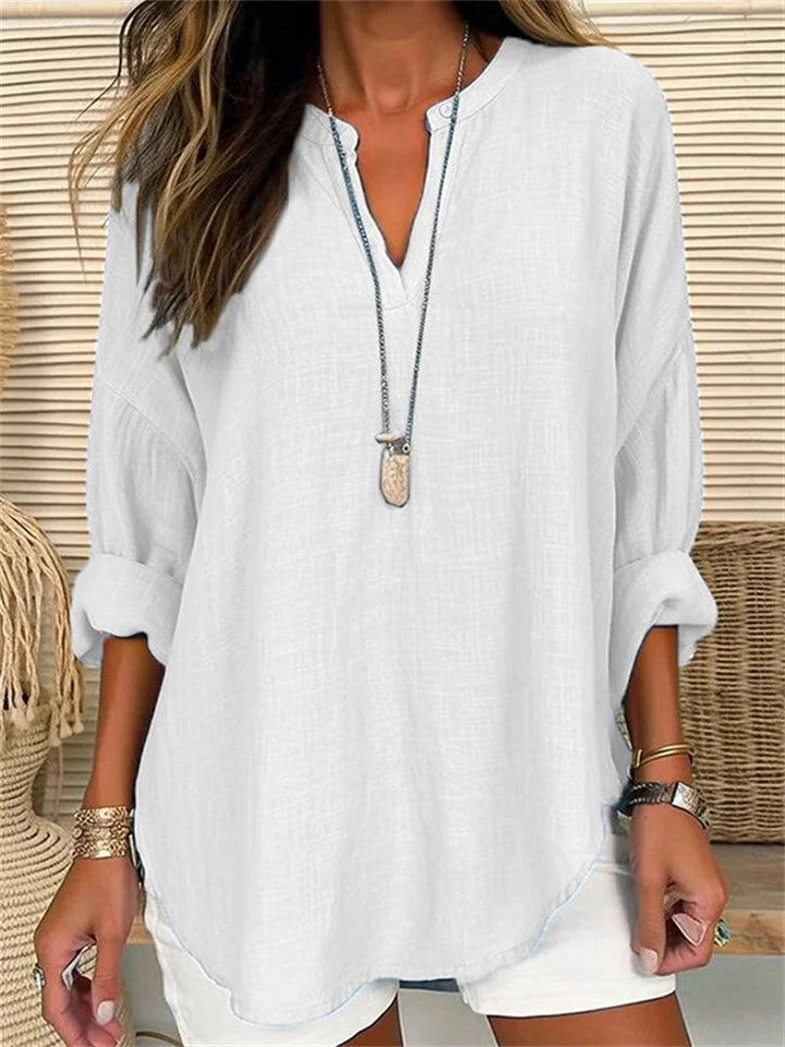 Women's Summer Vacation V Neck Long Sleeve Linen Shirts