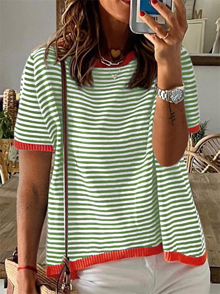 Stripe Contrast Color Short Sleeve Knitted Tops for Women