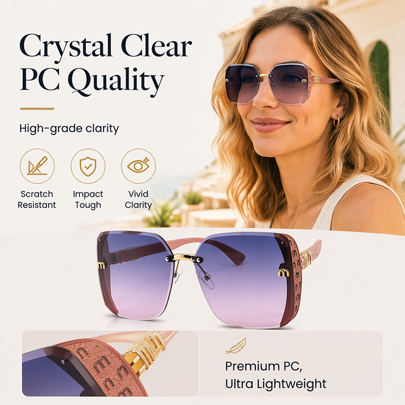 Rimless Oversized Square Sunglasses – Gradient Lens, Glitter Details, UV Protection ✨