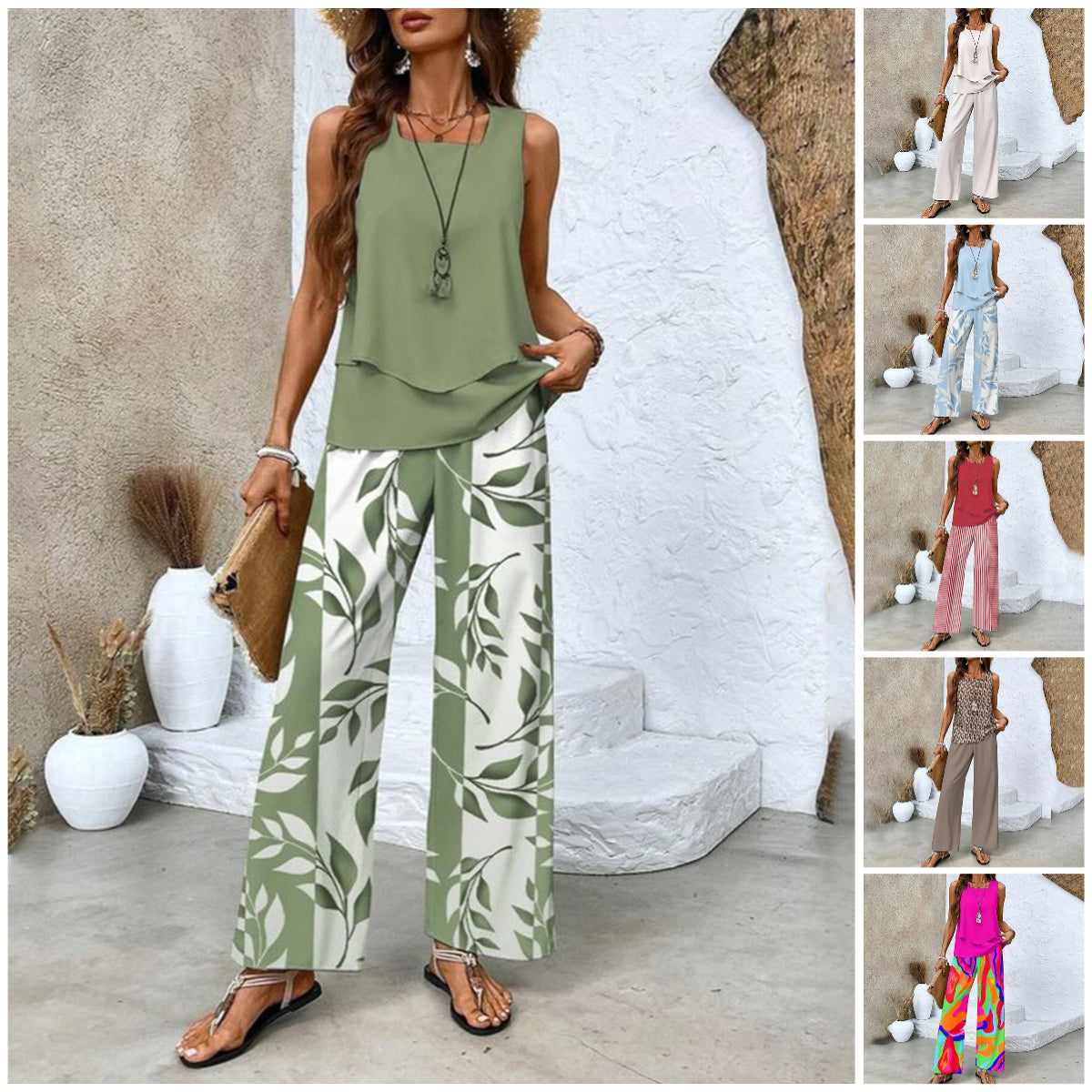 🌺 Women’s Trendy Print 2-Piece Outfit – Sleeveless Top & Pants Combo!"