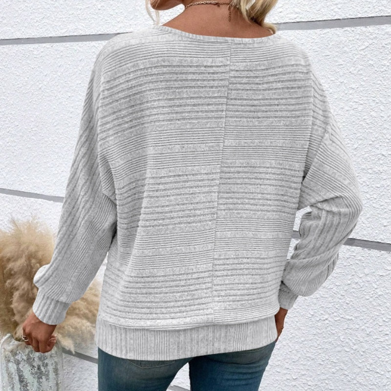 Solid Round-Neck Striped Top with Long Sleeves