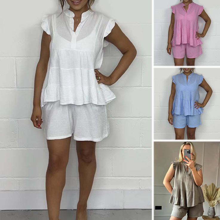😍Best Sellers😍Women's Cheesecloth Ruffle Shorts & Top Set