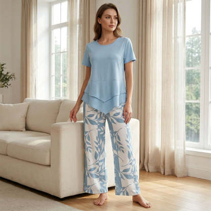 🔥Women's 2-Piece Set – Layered Asymmetrical Tunic Top & Printed Wide Leg Pants, Breathable Polyester ✨