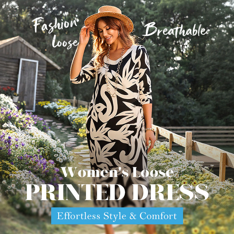 Elegant Printed Dress for Women – Stylish & Comfortable Fit👗Women’s Elegant Loose Round-Neck Printed Dress
