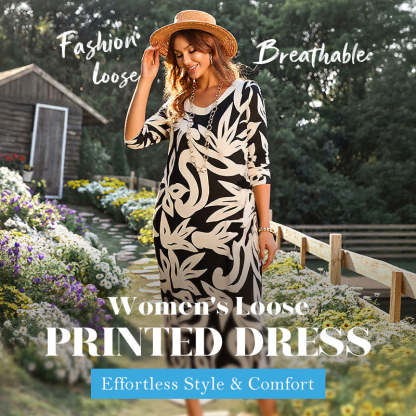 Elegant Printed Dress for Women – Stylish & Comfortable Fit👗Women’s Elegant Loose Round-Neck Printed Dress