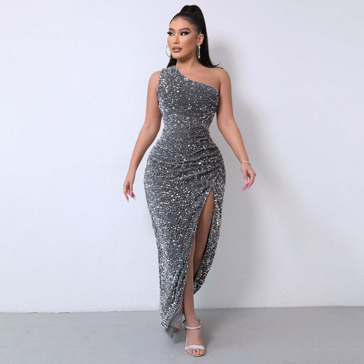 💃Women's Glitter Sequins One Shoulder Ruched Split Thigh Bodycon Dress