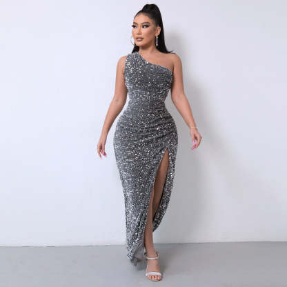 💃Women's Glitter Sequins One Shoulder Ruched Split Thigh Bodycon Dress