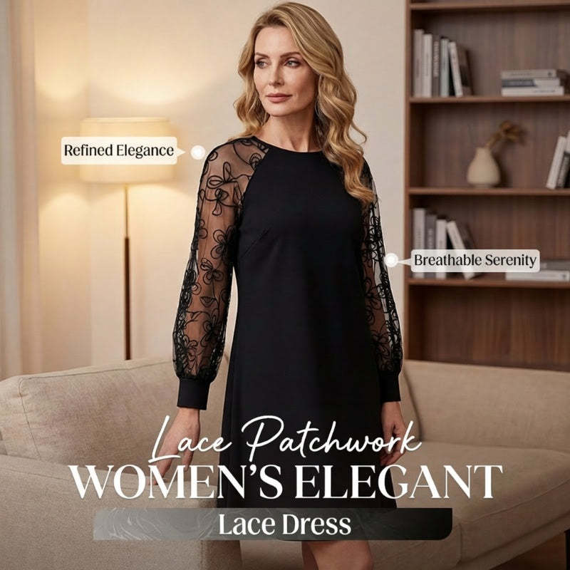 🔥Lace Patchwork Round Neck Long Sleeve Dress
