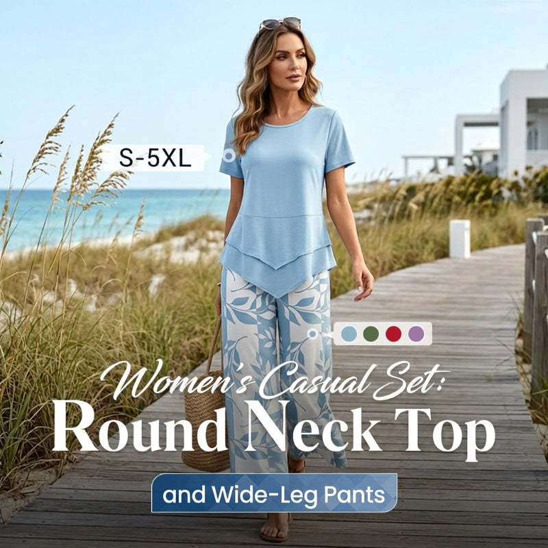 🔥Women's 2-Piece Set – Layered Asymmetrical Tunic Top & Printed Wide Leg Pants, Breathable Polyester ✨