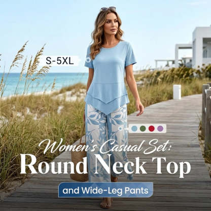 🔥Women's 2-Piece Set – Layered Asymmetrical Tunic Top & Printed Wide Leg Pants, Breathable Polyester ✨
