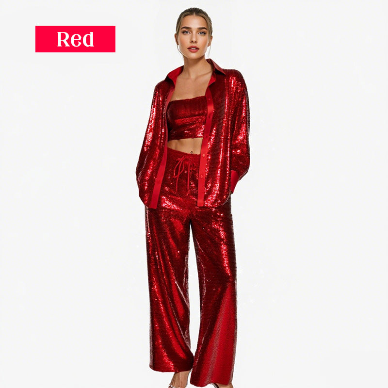 ✨Sequin Blazer And Wide Trousers For Women (3-piece Set)