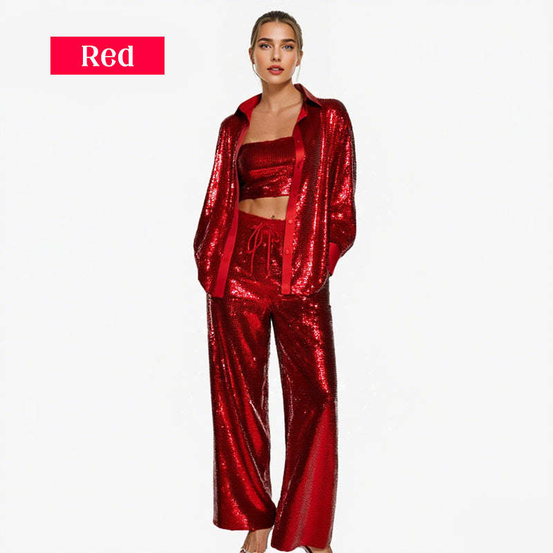 ✨Sequin Blazer And Wide Trousers For Women (3-piece Set)