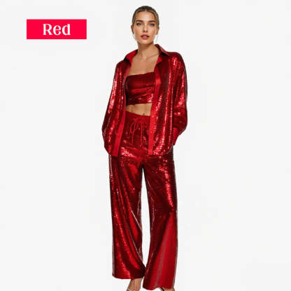 ✨Sequin Blazer And Wide Trousers For Women (3-piece Set)