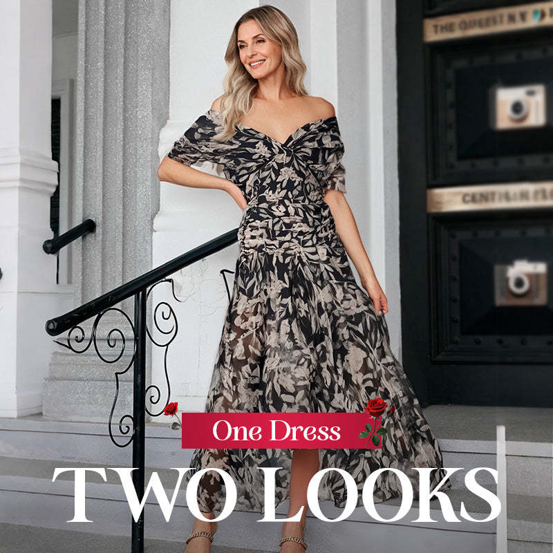 💖 Women's Off-the-Shoulder V-Neck Printed Dress