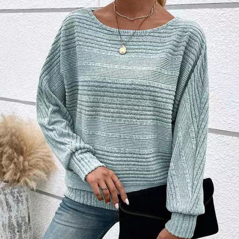 Solid Round-Neck Striped Top with Long Sleeves