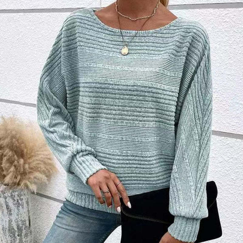 Solid Round-Neck Striped Top with Long Sleeves