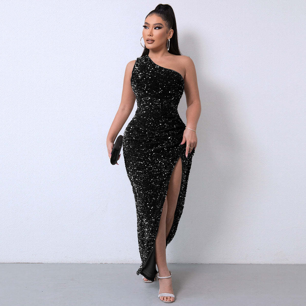 💃Women's Glitter Sequins One Shoulder Ruched Split Thigh Bodycon Dress