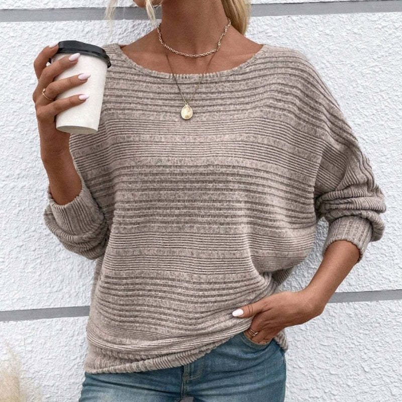 Solid Round-Neck Striped Top with Long Sleeves