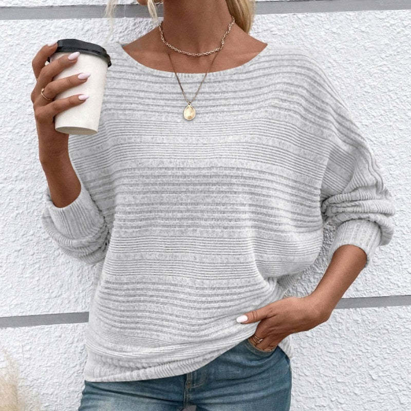 Solid Round-Neck Striped Top with Long Sleeves