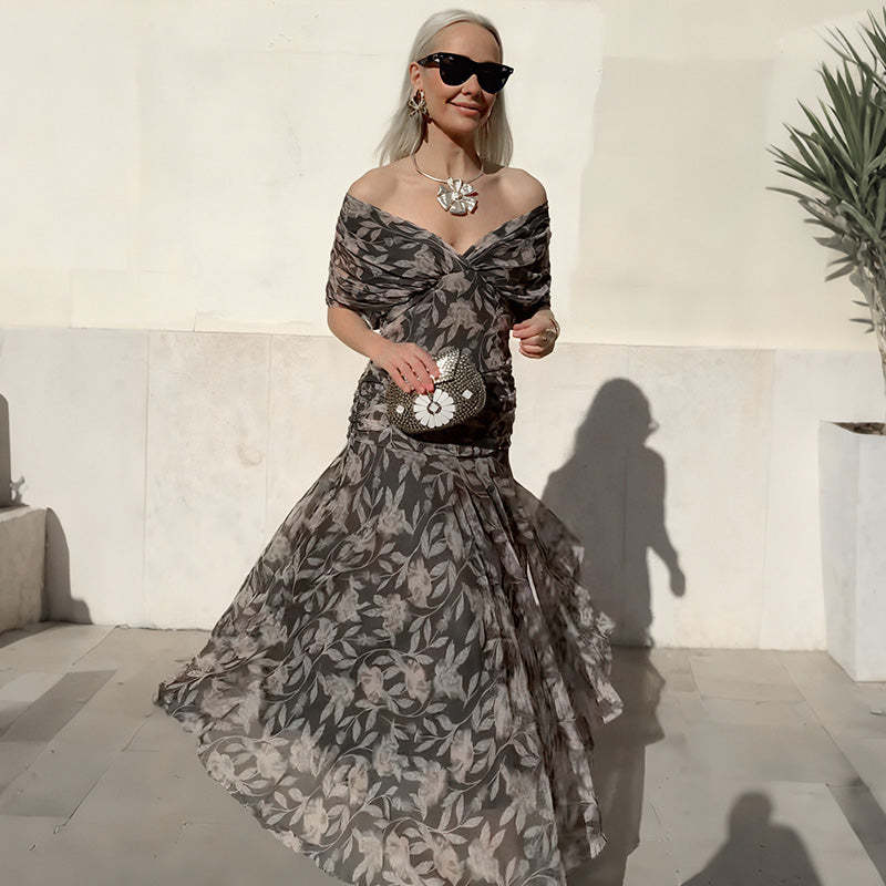 💖 Women's Off-the-Shoulder V-Neck Printed Dress