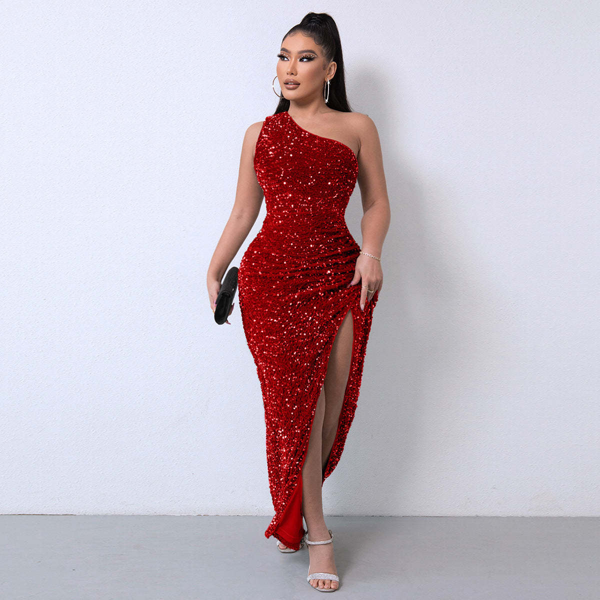 💃Women's Glitter Sequins One Shoulder Ruched Split Thigh Bodycon Dress