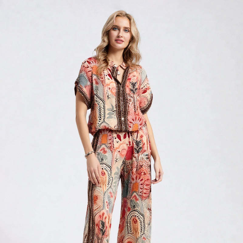 Women's Printed Top & Wide Leg Pants 2-Piece Set